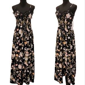 Premier Amour Bohemian Floral Lace Slit Tie Maxi Dress